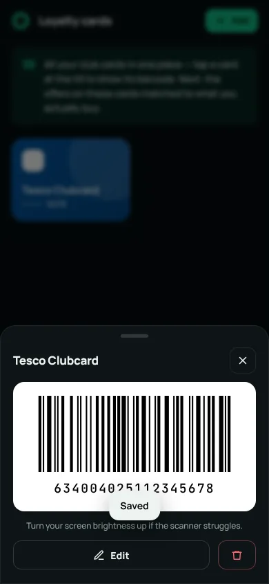 Tesco Clubcard barcode ready to scan at the till