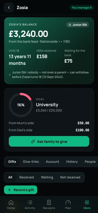 Child Fund for Zosia showing the Junior ISA balance, gifts and goal