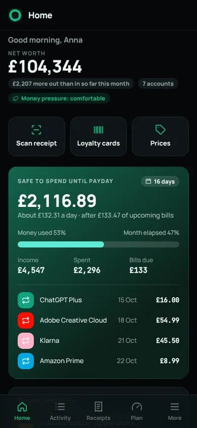 Moneta home screen showing net worth, safe-to-spend until payday and upcoming bills